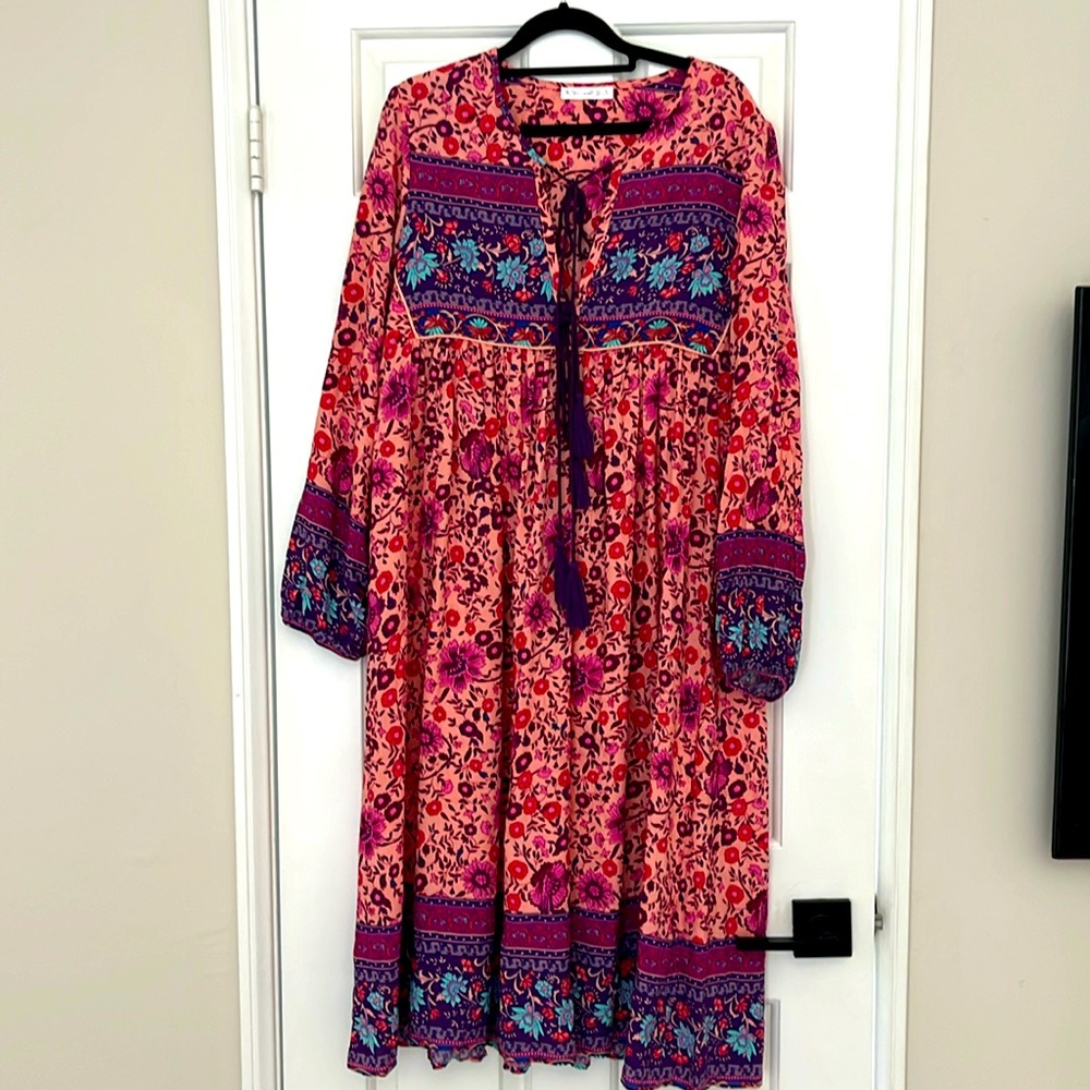 R Vivimos Beautiful Pink and Purple Block Print Maxi Dress Size M